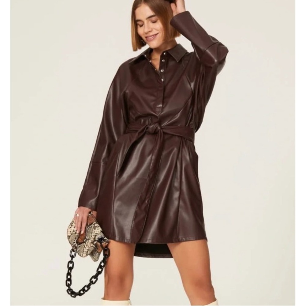 Marissa Webb Faux Leather Shirt Dress Size 0 Brown Mini Belted Long Sleeve